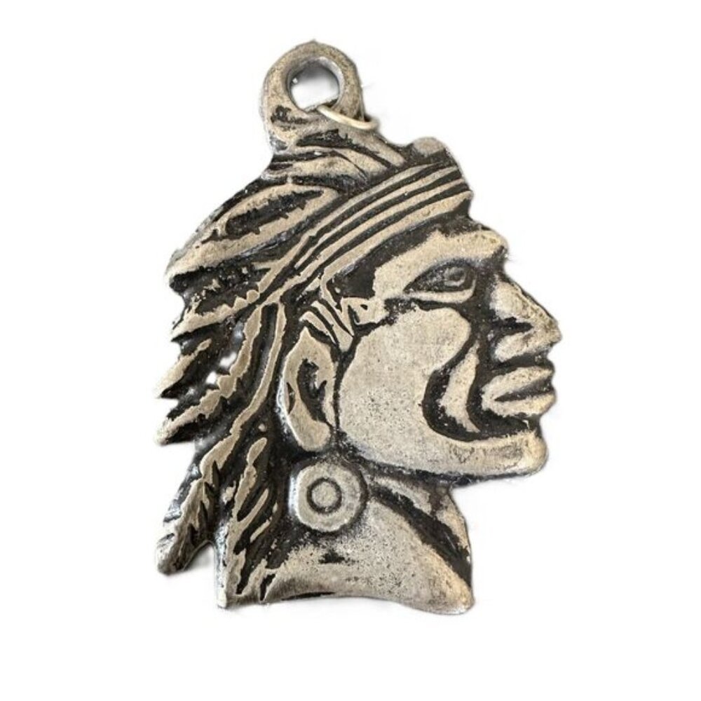 Vintage Native South American Indian Head Pewter Pendant Cartagena Colombia